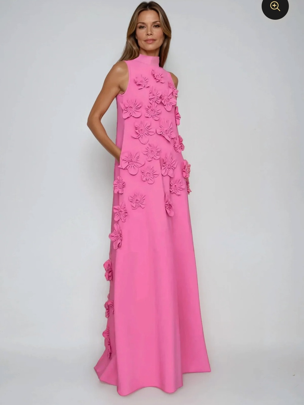 Pink Floral Maxi Dress - Sleeveless High Neck